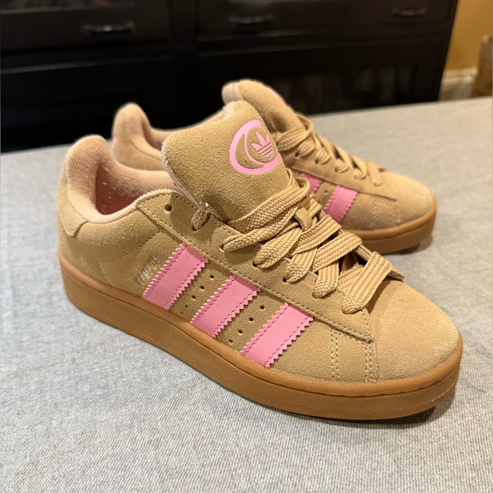 Adidas Women’s Campus Suede Sneaker in Tan with Pink Stripes - US 5, W 6.5-7